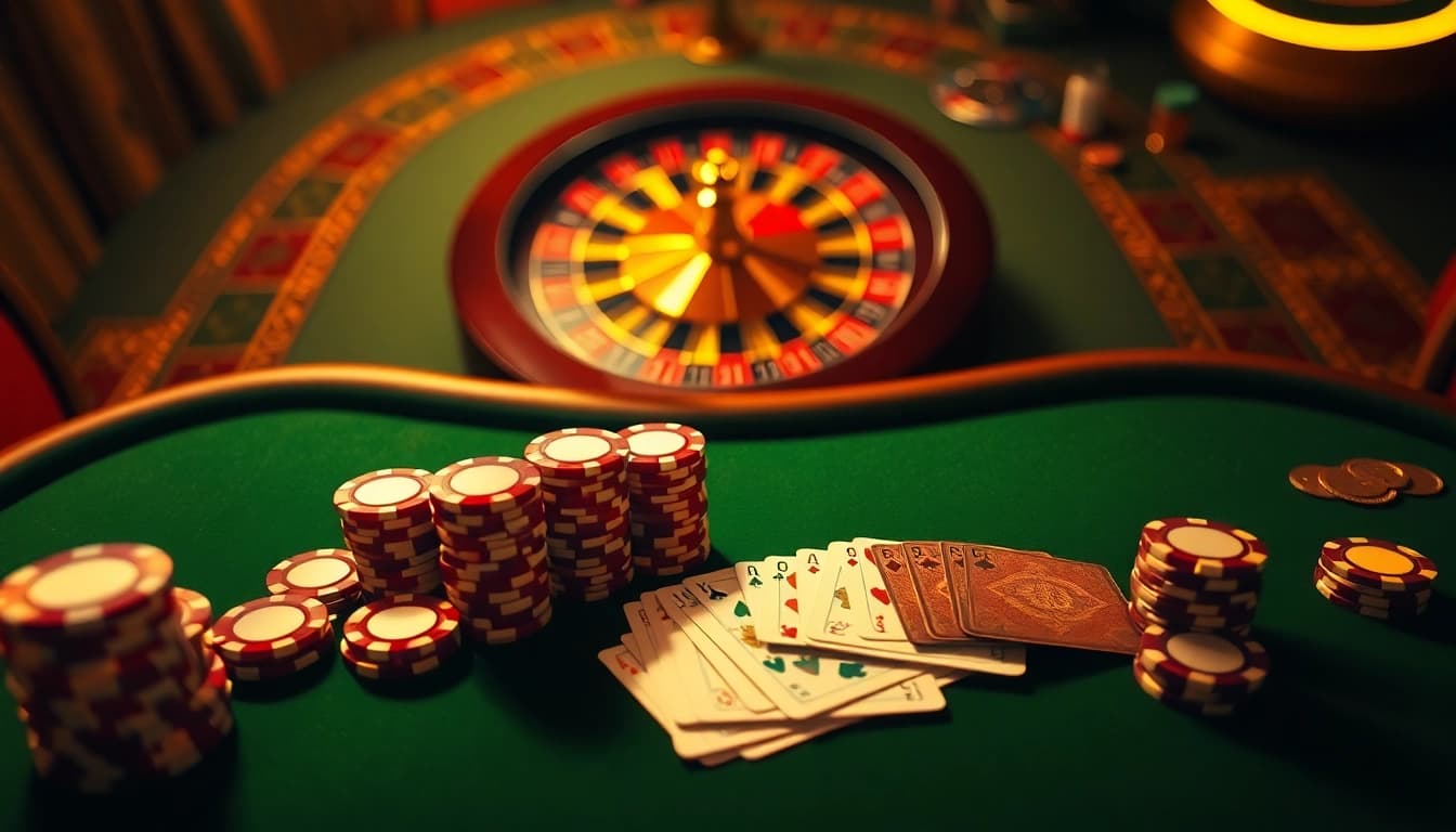 Engaging poker scene with BDTK66 chips and cards, highlighting luxury gambling.
