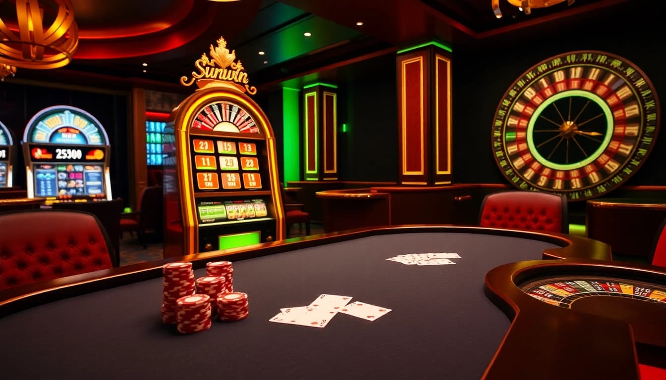 Players betting at Sunwin's luxurious poker table, surrounded by vibrant casino elements.