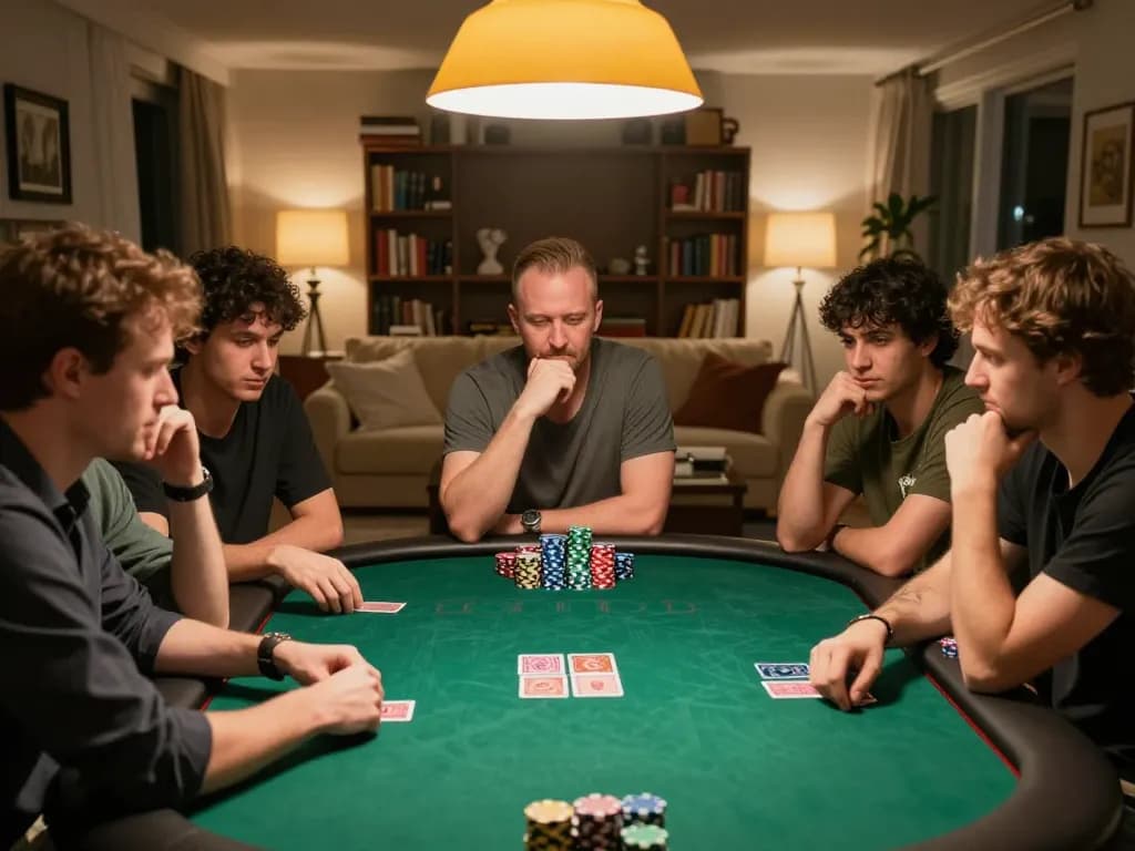 FABET card players strategizing in a cozy home poker game atmosphere, highlighting engaging competition.