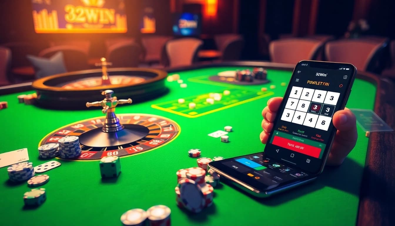Engaging poker game at 32WIN casino showcasing vibrant chips and cards.