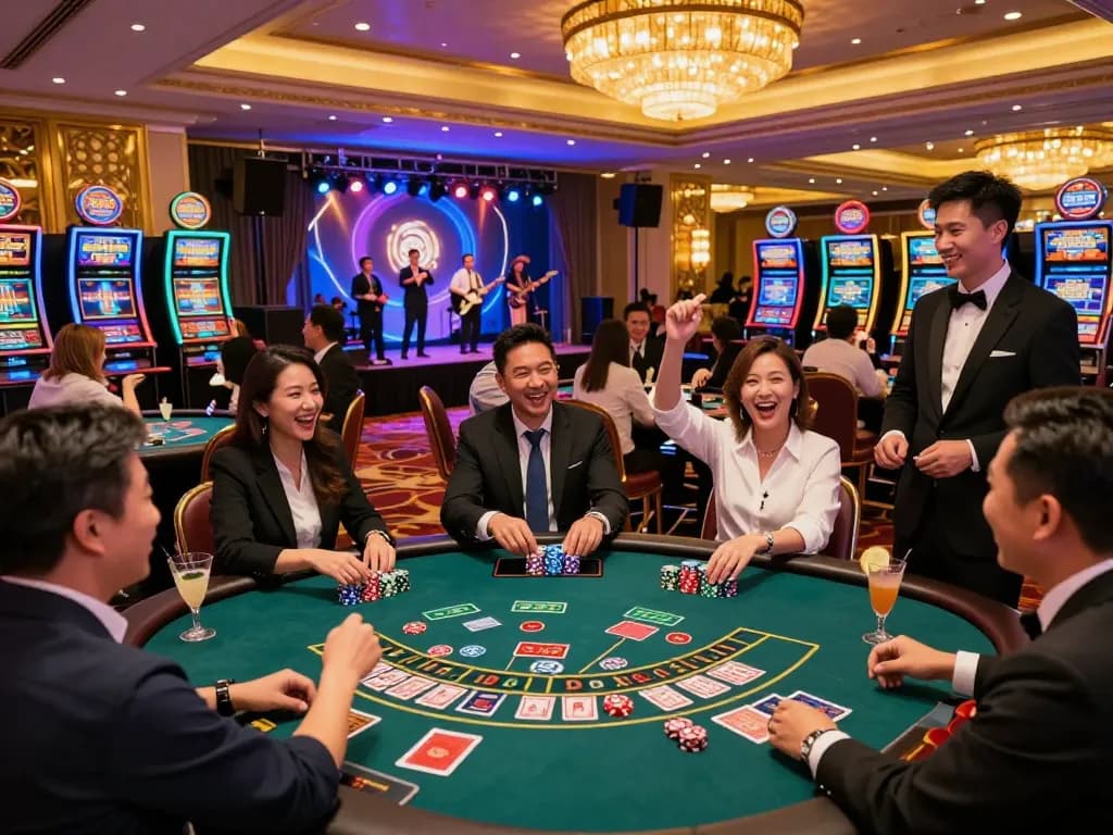 Engaging casino scene in Hong Kong with guests enjoying games and cocktails