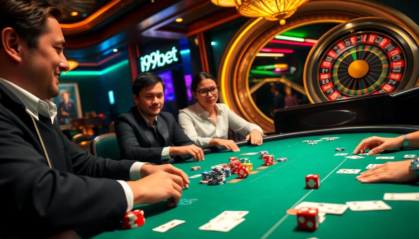 Experience the thrill of i9bet with players at a glamorous poker table amidst vibrant casino lights.