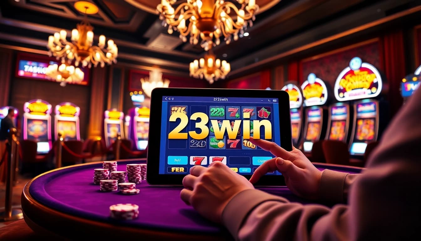 Engaging scene of a player winning at 23win casino with colorful slot machines.
