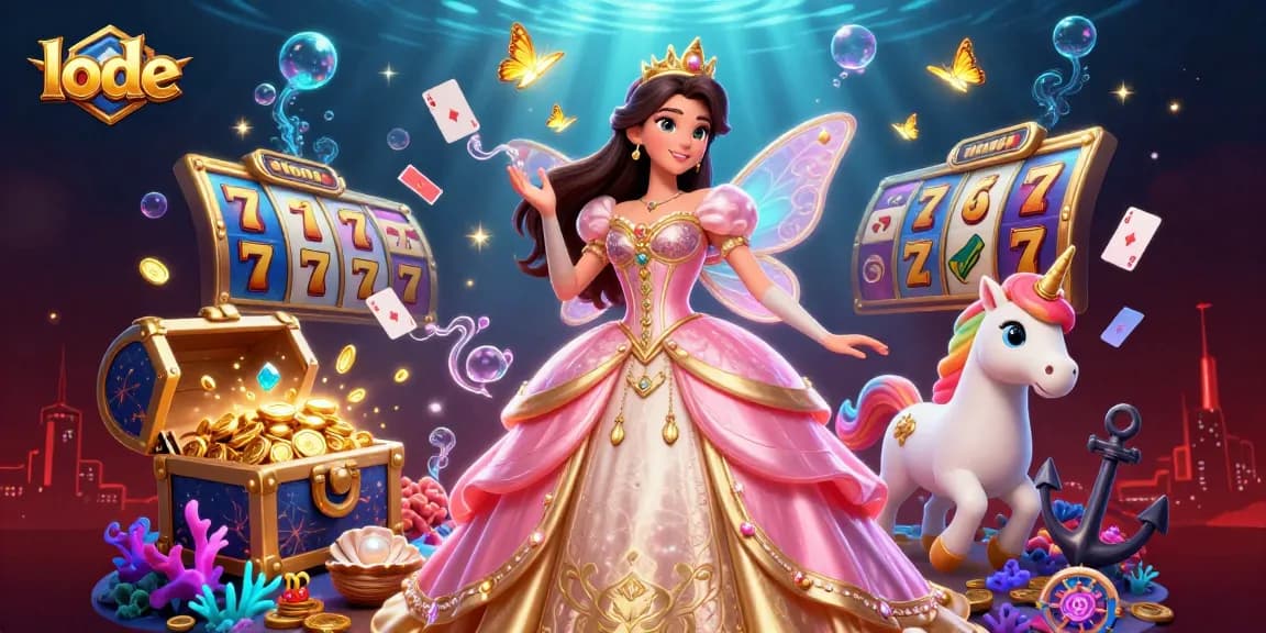 Play winning slots with lode in an enchanting 3D illustration of a glamorous princess and unicorn.
