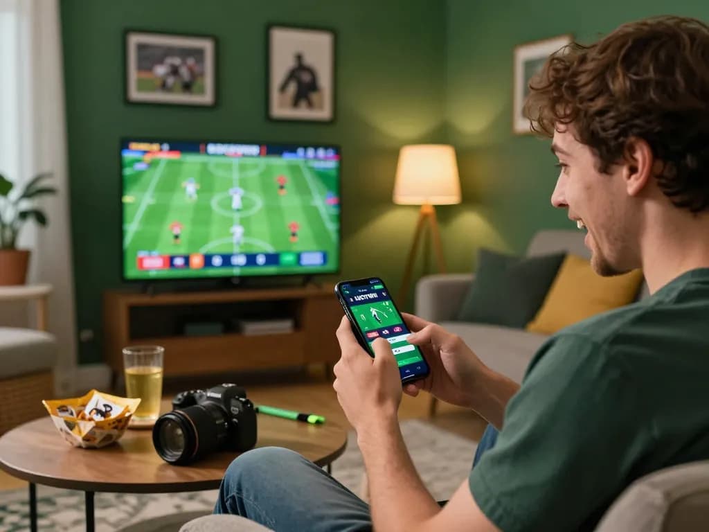 Engaging with the LUCKYWIN betting app in a lively home setting during a sports event.