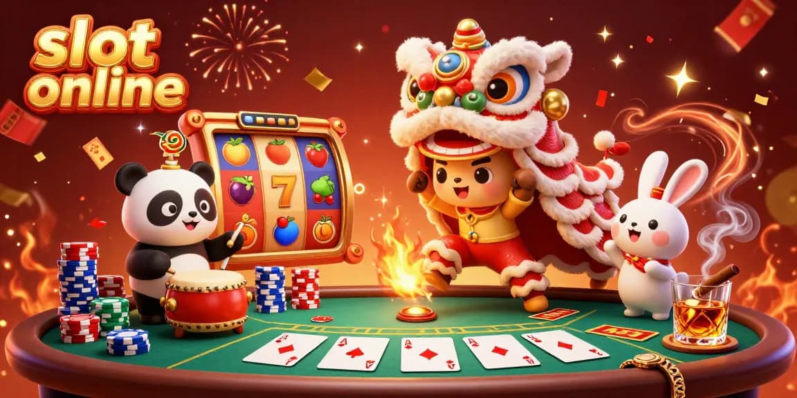 Experience thrilling slot online action with lively characters and festive elements in a vibrant 3D illustration.