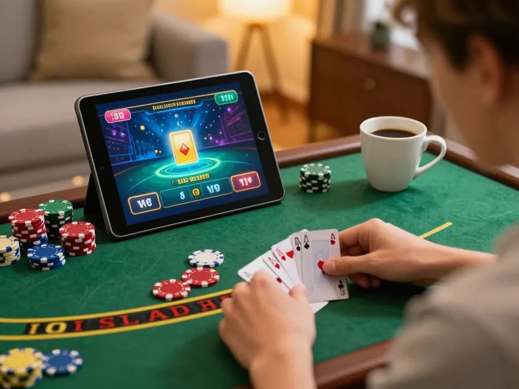 Player enjoying llwin live dealer blackjack at home with cozy setup and chips on table.