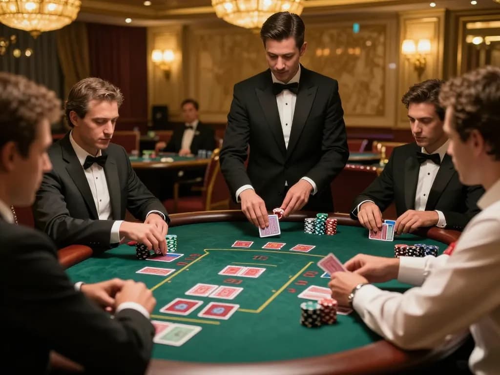 3BET players engaging in strategic blackjack gameplay with a professional dealer at a luxurious casino table.