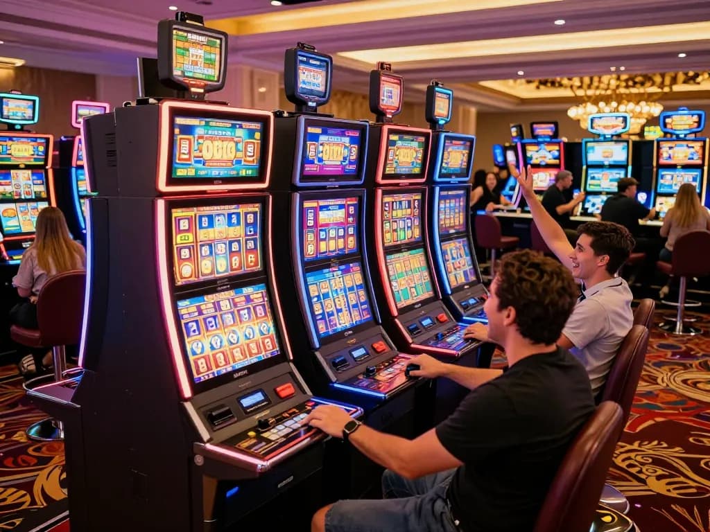 Players enjoying the HIT CLUB slot machines with vibrant displays and celebratory atmosphere in a luxurious casino.