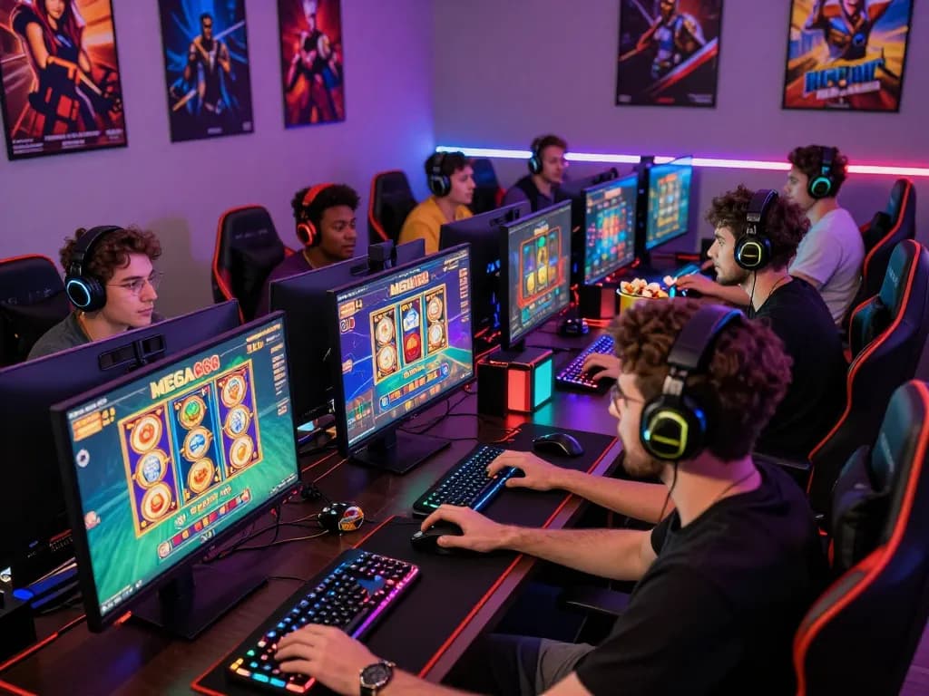 Group of friends enjoying MEGA888 online gaming session with vibrant graphics and colorful gaming setup.