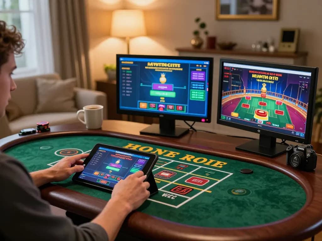 Engaging in live casino gameplay at https://shbetac.co on a cozy home setup with multiple screens visible.
