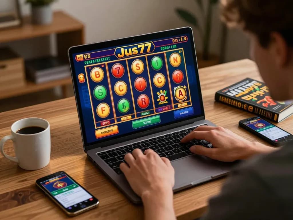Engaging player spinning jus77 slots on laptop in inviting home office.
