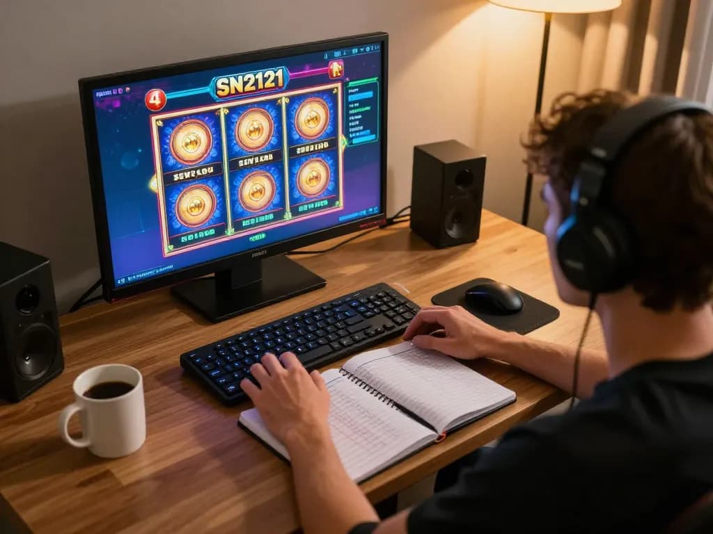 Pemain terlibat dalam slot online SN2121, menampilkan grafik yang hidup dan strategi di pengaturan rumah yang nyaman