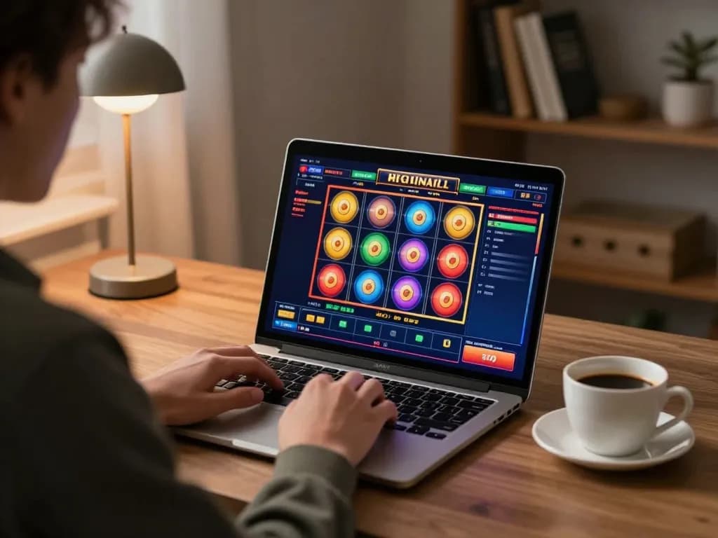 Kuwinfi player enjoying online slots on a laptop in a cozy living room setting.
