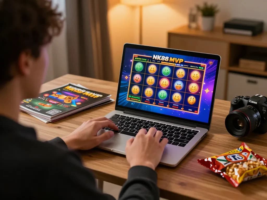 Engaging online slot gameplay on a laptop from nk88mvp in a cozy home environment.