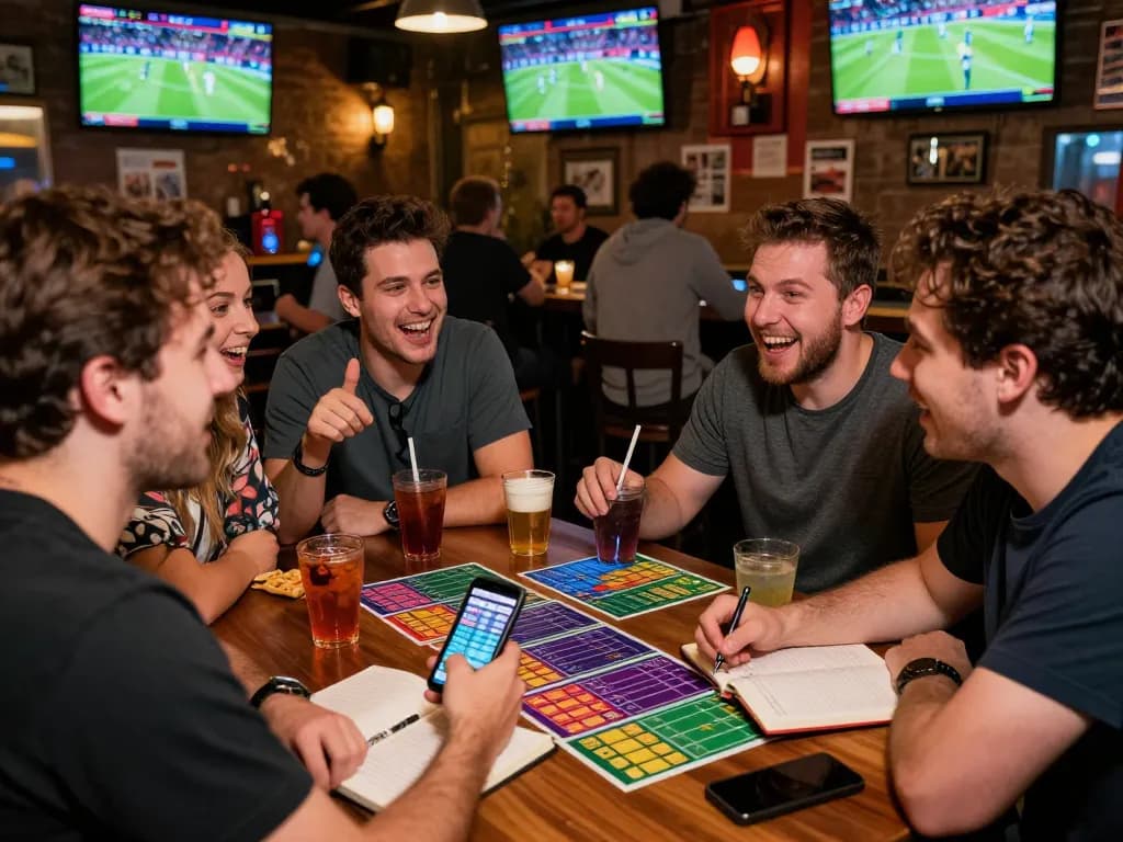 Teman-teman menikmati strategi taruhan mix parley di bar olahraga yang ramai dengan minuman dan camilan