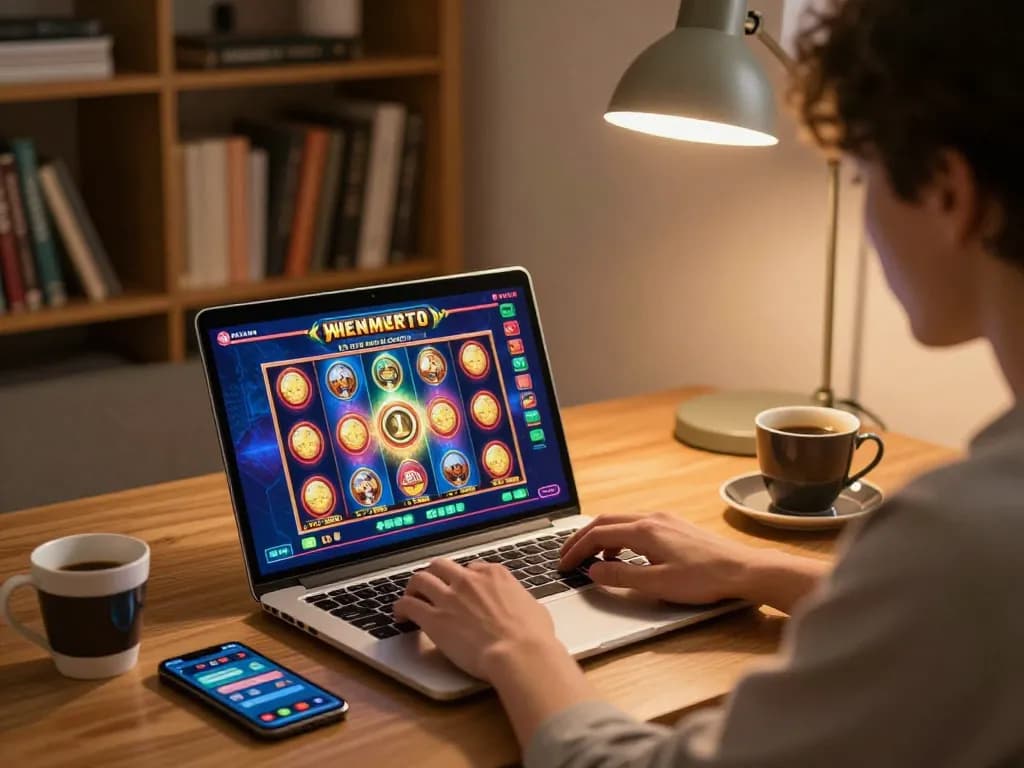 Pemain Kanzenmap menikmati slot online strategis di rumah dengan visual yang menarik.