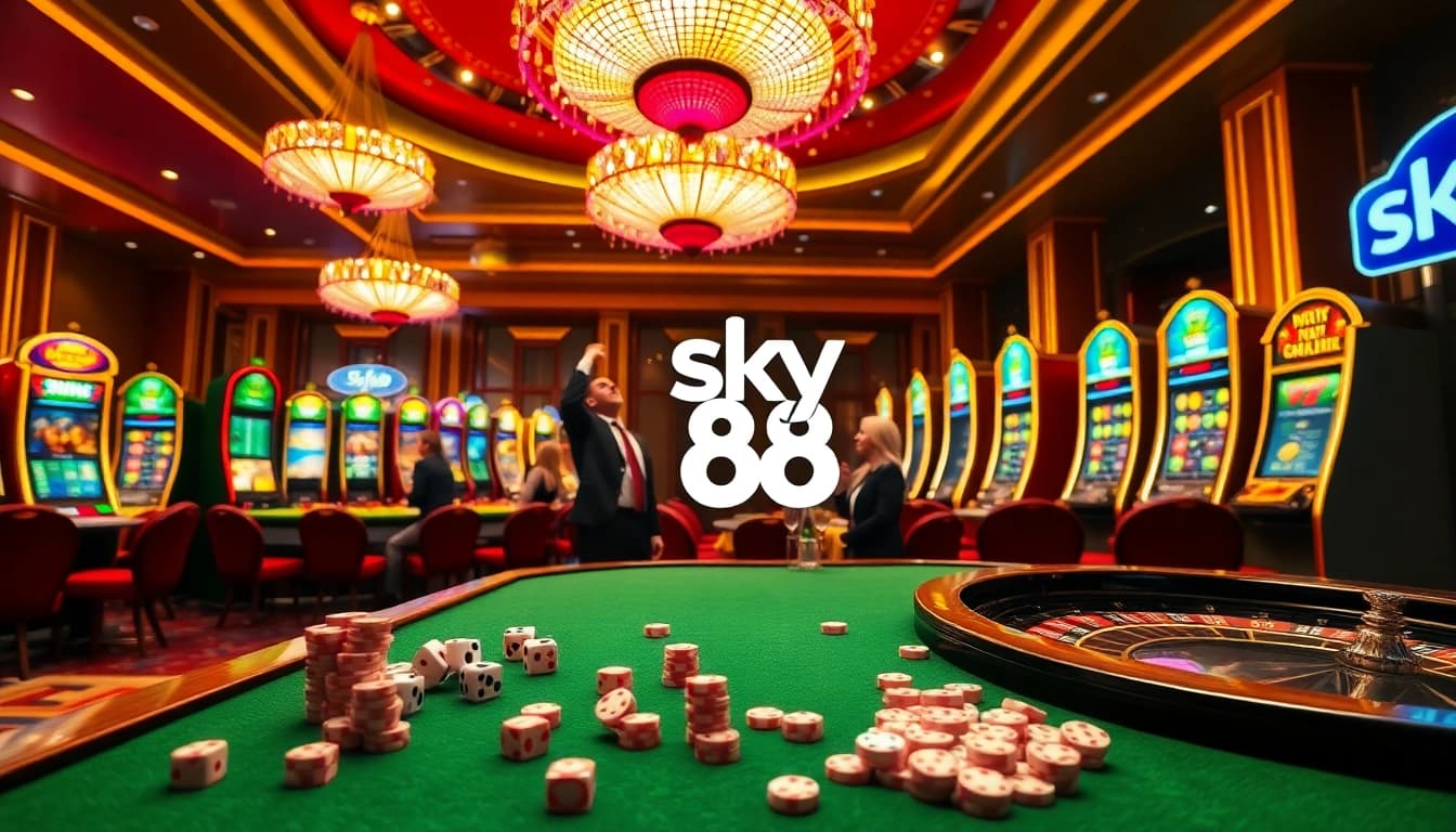 Players enjoying a thrilling game at the sky 88 casino table, surrounded by vibrant slot machines and poker chips.