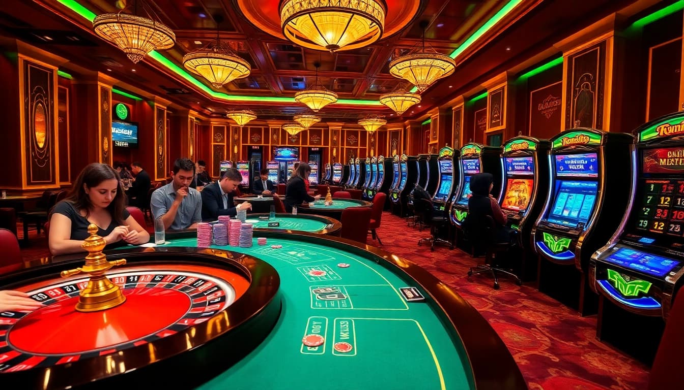 Bay789 players enjoying an exciting online casino experience with vibrant tables and slot machines.