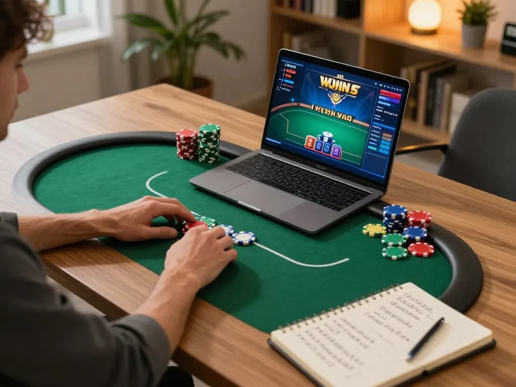 Engaging online gaming session with player exploring situs slot gacor on laptop, strategic atmosphere.
