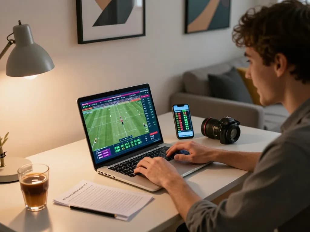 FABET user engaging in live sports betting from home, showcasing strategic gameplay, excitement, and active participation.