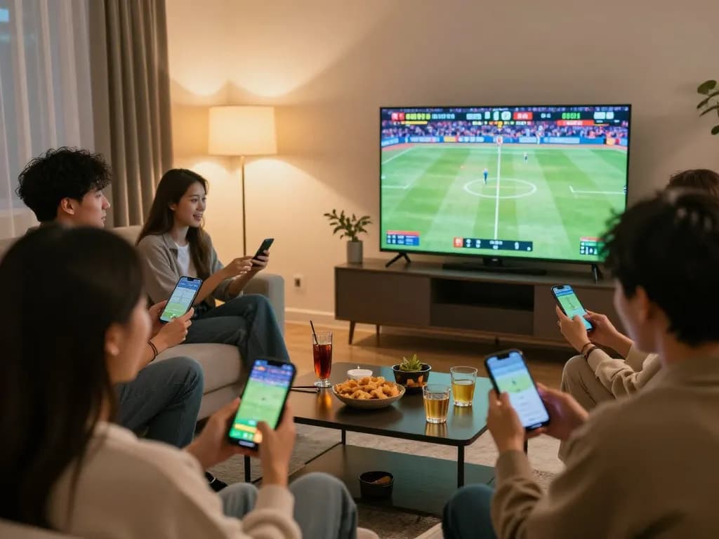 Friends engaging in sports betting at home with 789wincom app open, celebrating game moments.