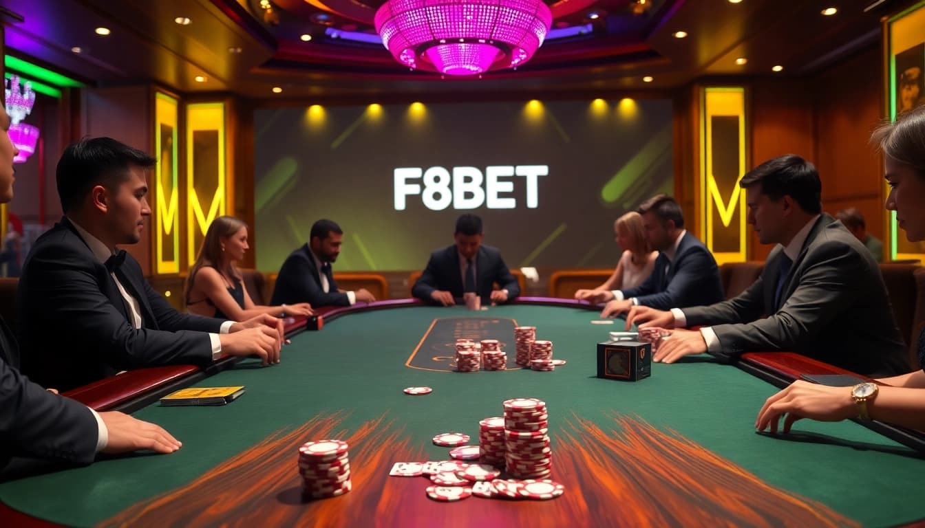 Players competing at the F8BET poker table amidst a luxurious casino atmosphere.