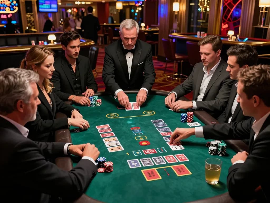 Players at a blackjack table strategizing their next move, showcasing the f8beta2 online casino experience.