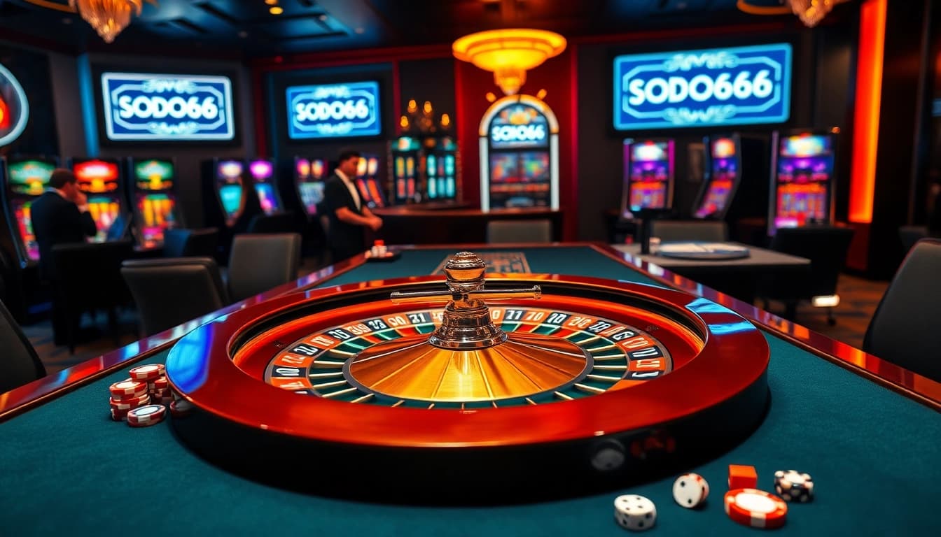 SODO66 casino scene with roulette and poker players, showcasing luxury and excitement in gambling.