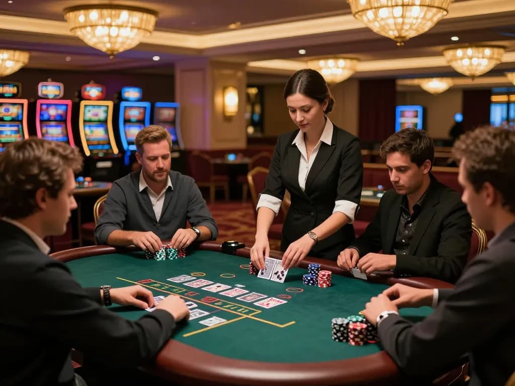 Players enjoying a thrilling blackjack game at 388bet's upscale casino, showcasing strategic betting and elegance.
