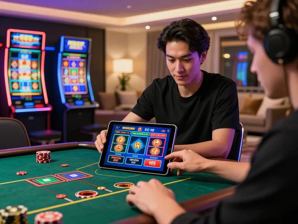 Engaging player enjoying HM88 bet on a tablet amid vibrant gaming graphics in a stylish home setting