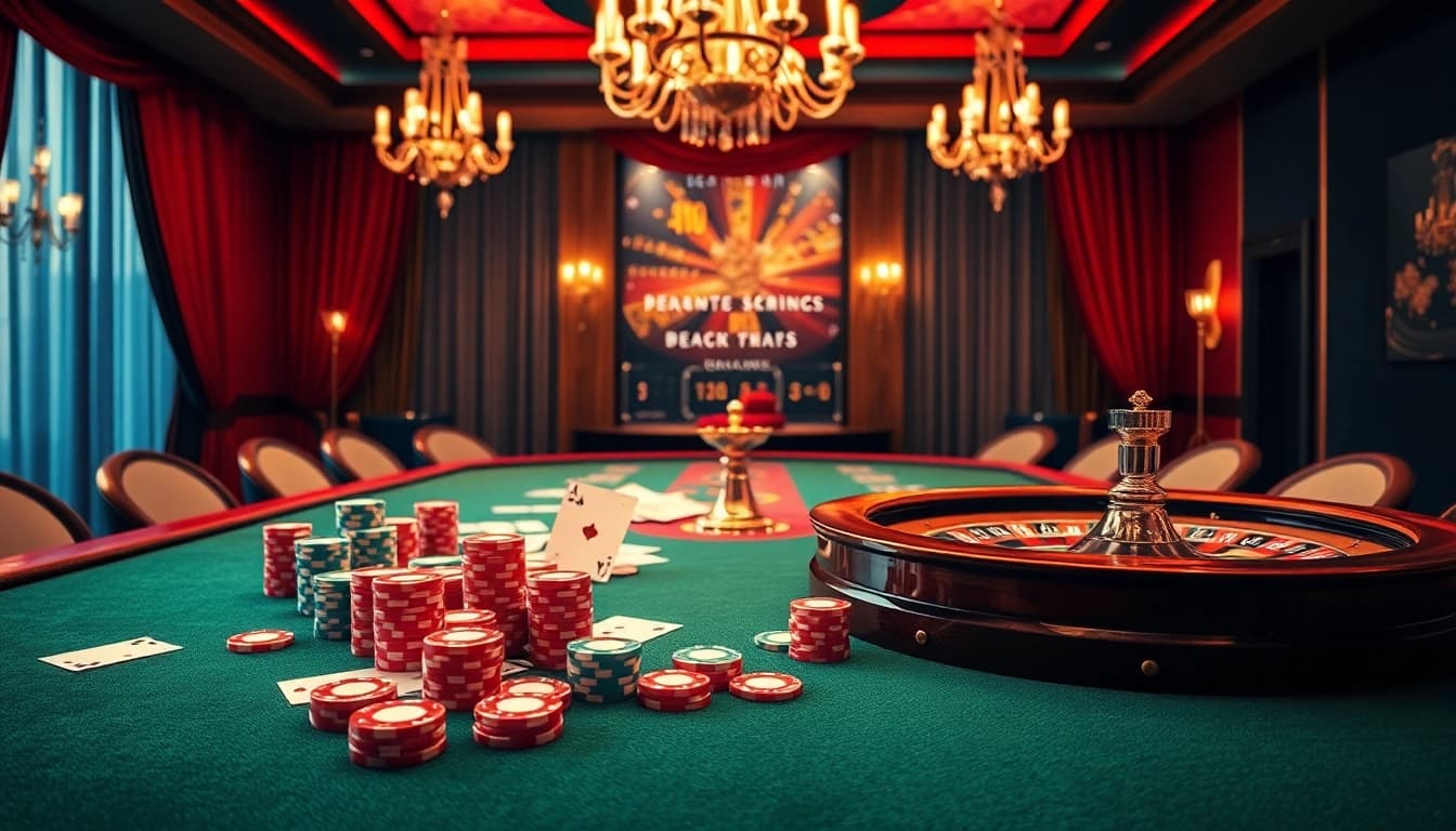 High-stakes poker chips and cards showcase hay888 casino excitement in a glamorous gaming scene.