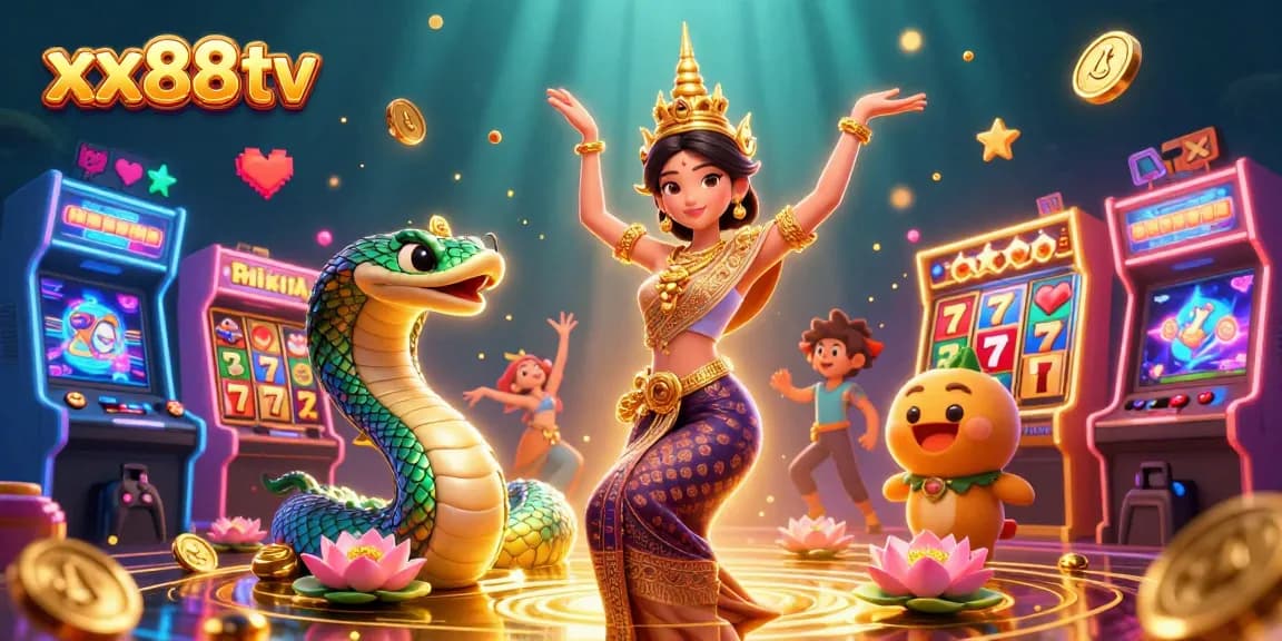 Experience gaming excitement with xx88tv's colorful casino illustration featuring a Thai dancer and Naga serpent.