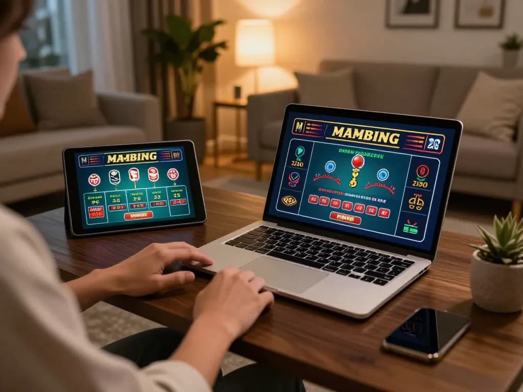 Player engaging with UK88 online casino strategy at home, showcasing laptop gameplay and a cozy environment.