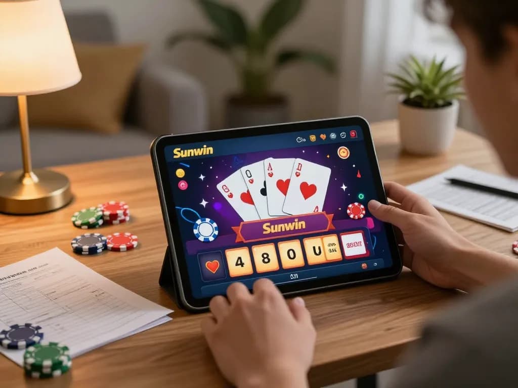 Engaging in Sunwin online casino gaming with vibrant graphics in a cozy home setting.