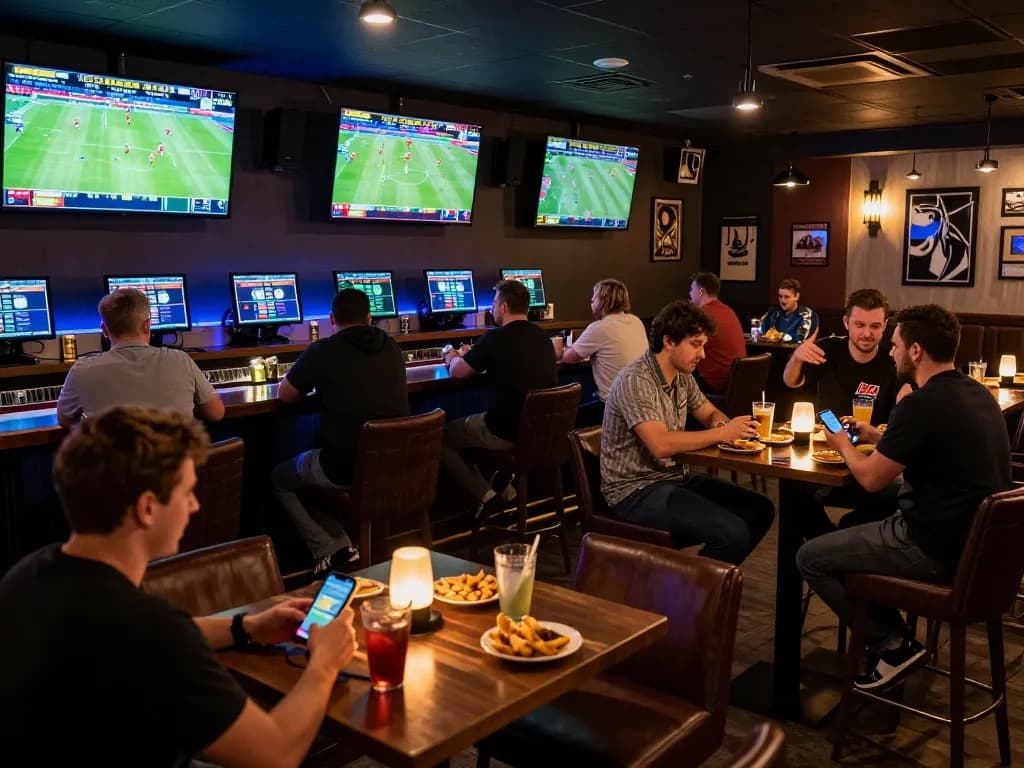 GA88 gamblers excitedly placing bets in a modern sports betting bar, showcasing live screens and an active atmosphere