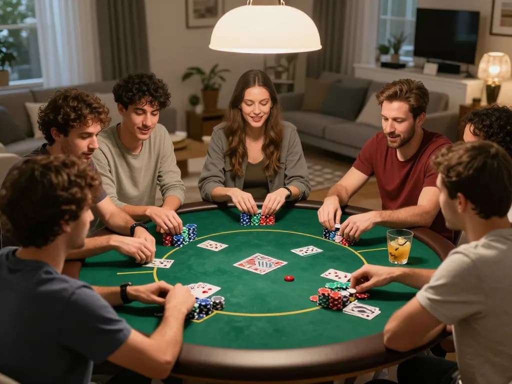 Enjoying an exciting poker night with friends at home, ta88 thrilling card game atmosphere.