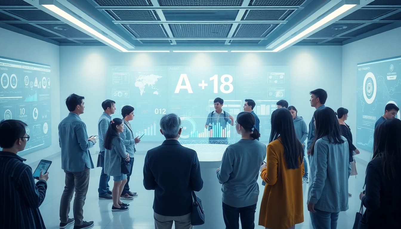 A dynamic AI technology workspace illustrating innovative interactions around ia +18 applications.