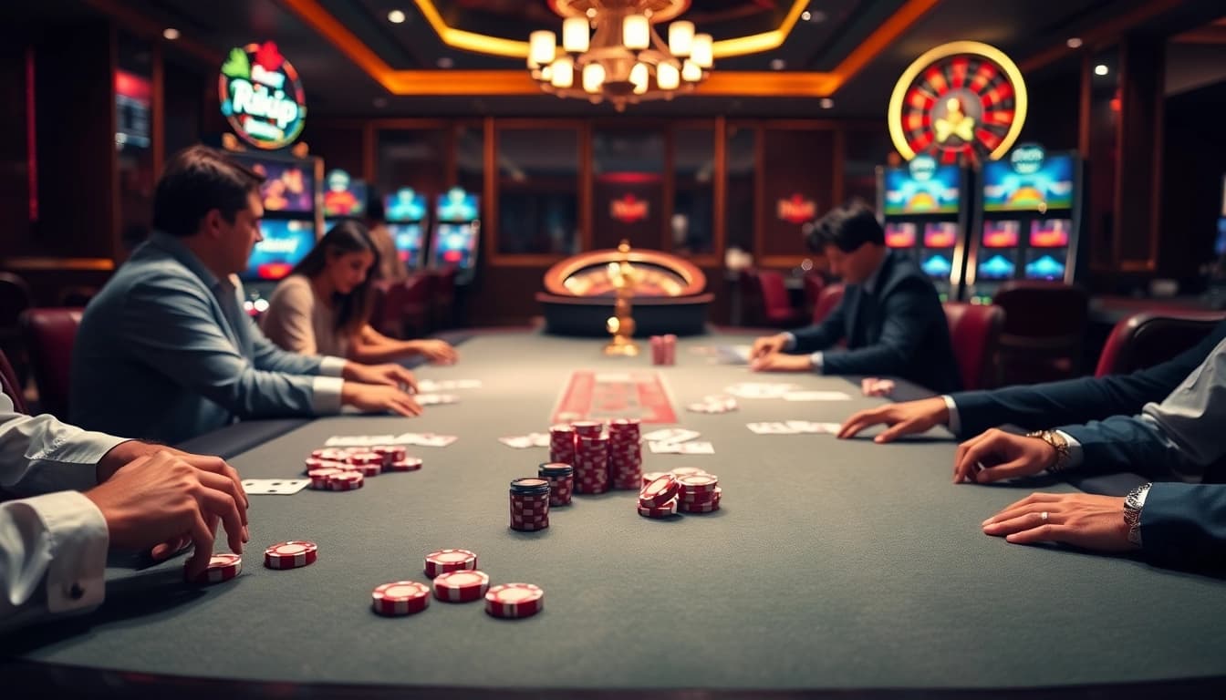 Rikvip players enjoying an exciting game of poker at a luxurious casino table with vibrant chips.