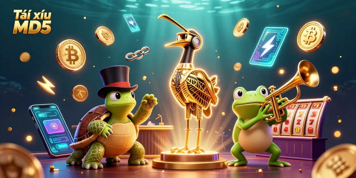 Tài xỉu MD5 showcases a winning strategy with a vibrant casino scene featuring dynamic characters and crypto elements.