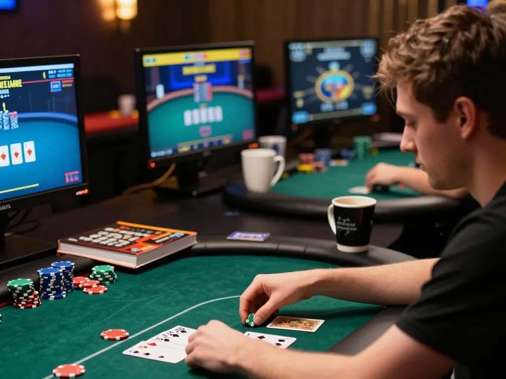 Player engaging with mega888 app during an online poker game session, showing excited determination.