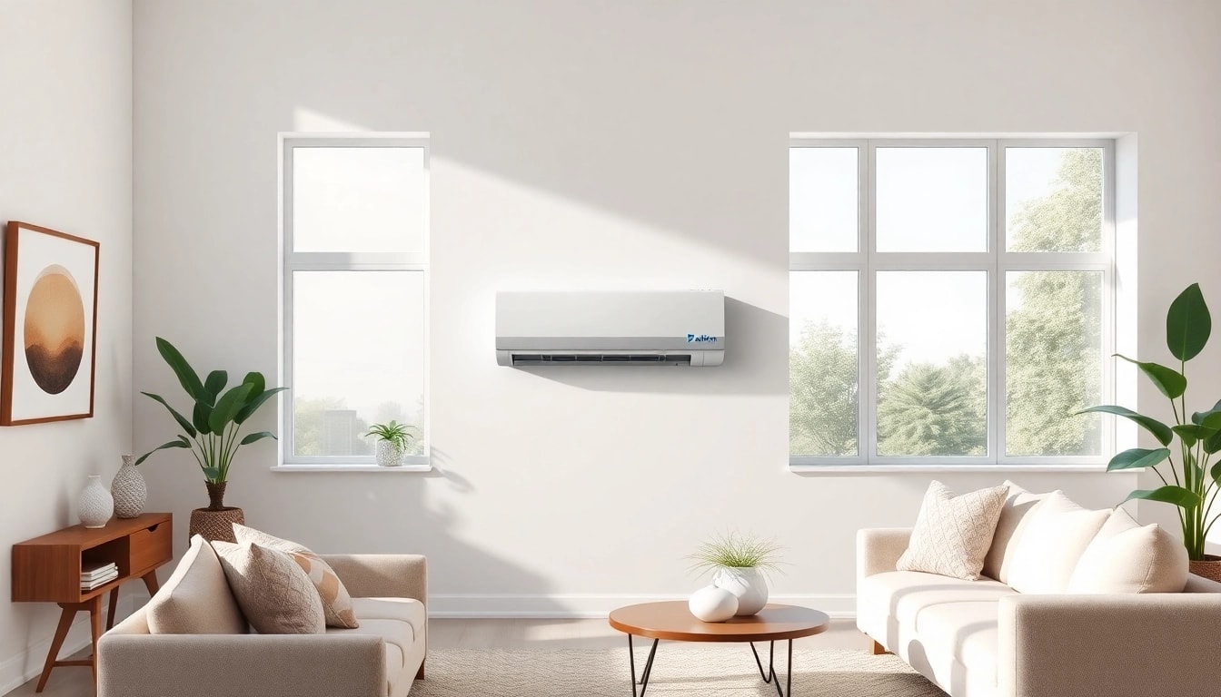 Showcasing a Daikin mini split AC in a chic living room, highlighting modern stylishness.