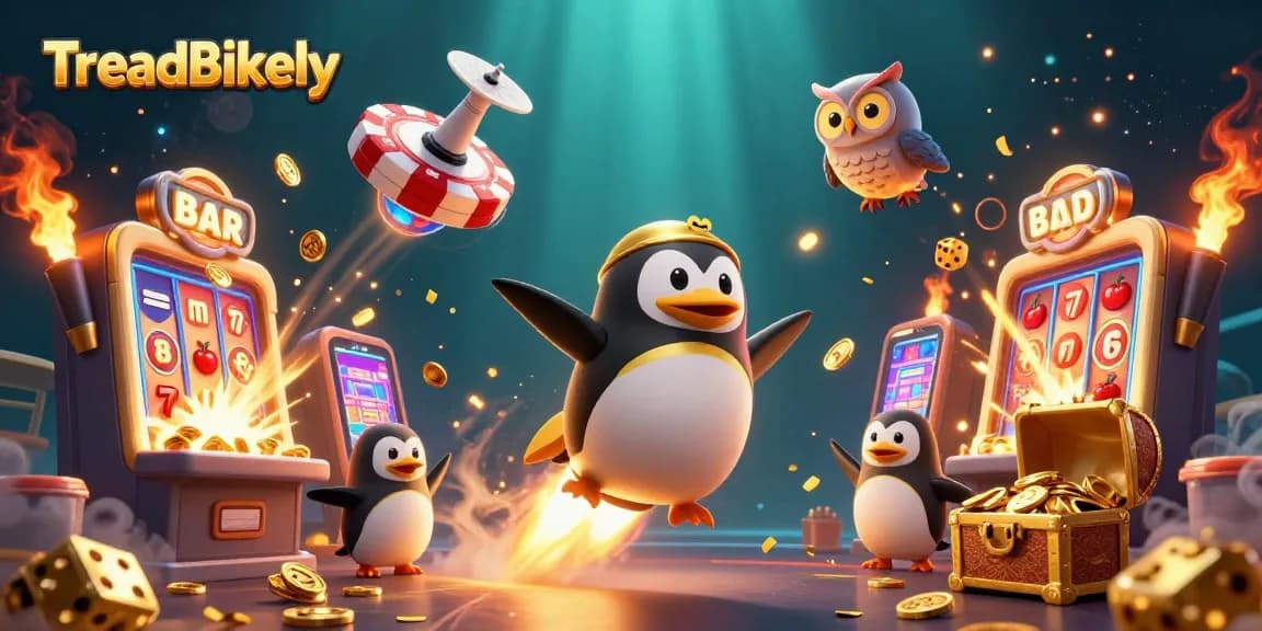 TreadBikely showcases a thrilling casino scene with a penguin and a poker chip space station.