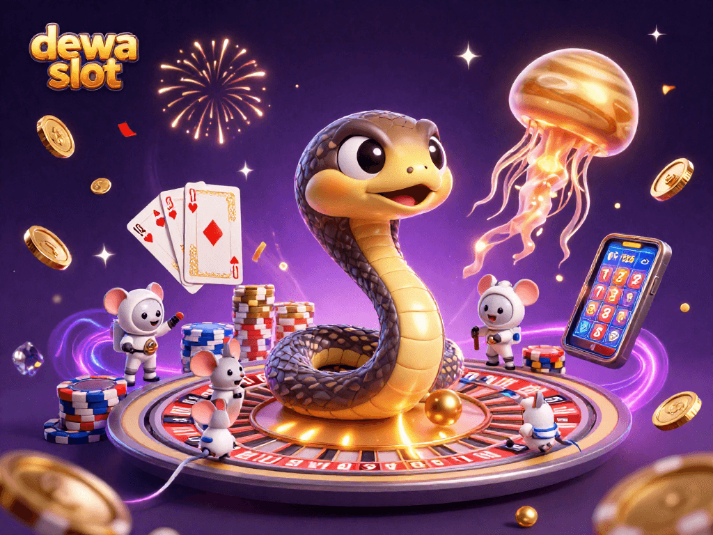 Experience dewa slot excitement with cosmic creature dealers and colorful jackpot elements in a dynamic 3D casino scene.