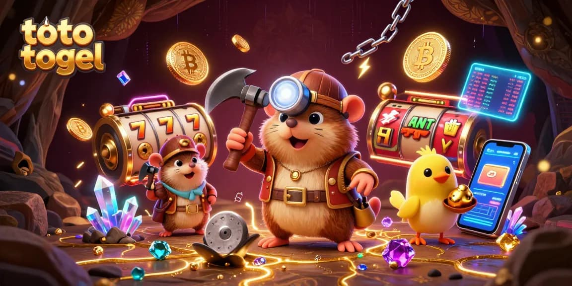 Engage with toto togel as a treasure hunter mole explores a vibrant casino world with slot reels and crypto coins.