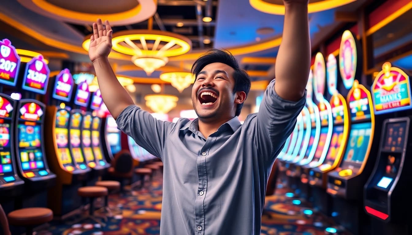 Erleben Sie neue casino bonus ohne einzahlung mit jubelndem Spieler und bunten Spielautomaten.