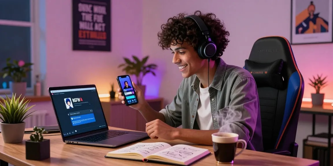 Engaging with an NSFW AI platform in a cozy modern home office setting.