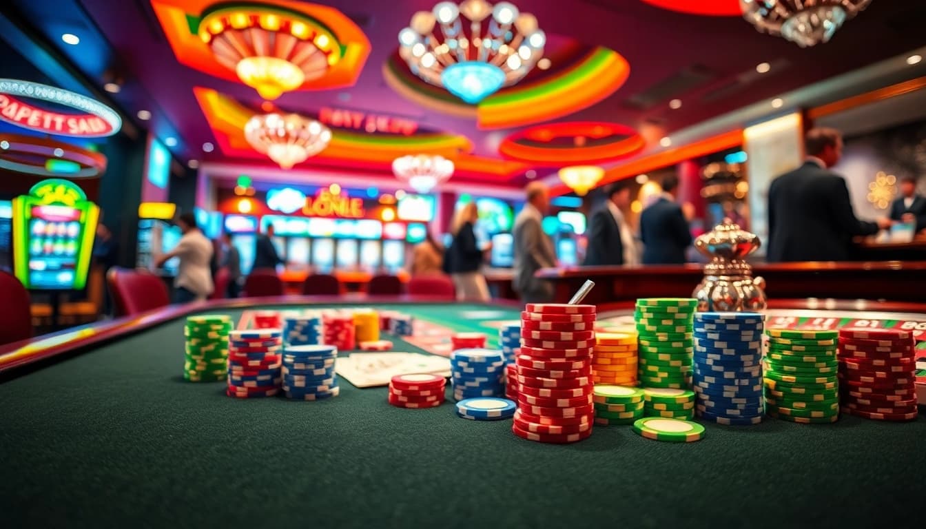 korwin의 화려한 칩과 카드가 있는 카asino 게임 테이블을 보여줍니다.