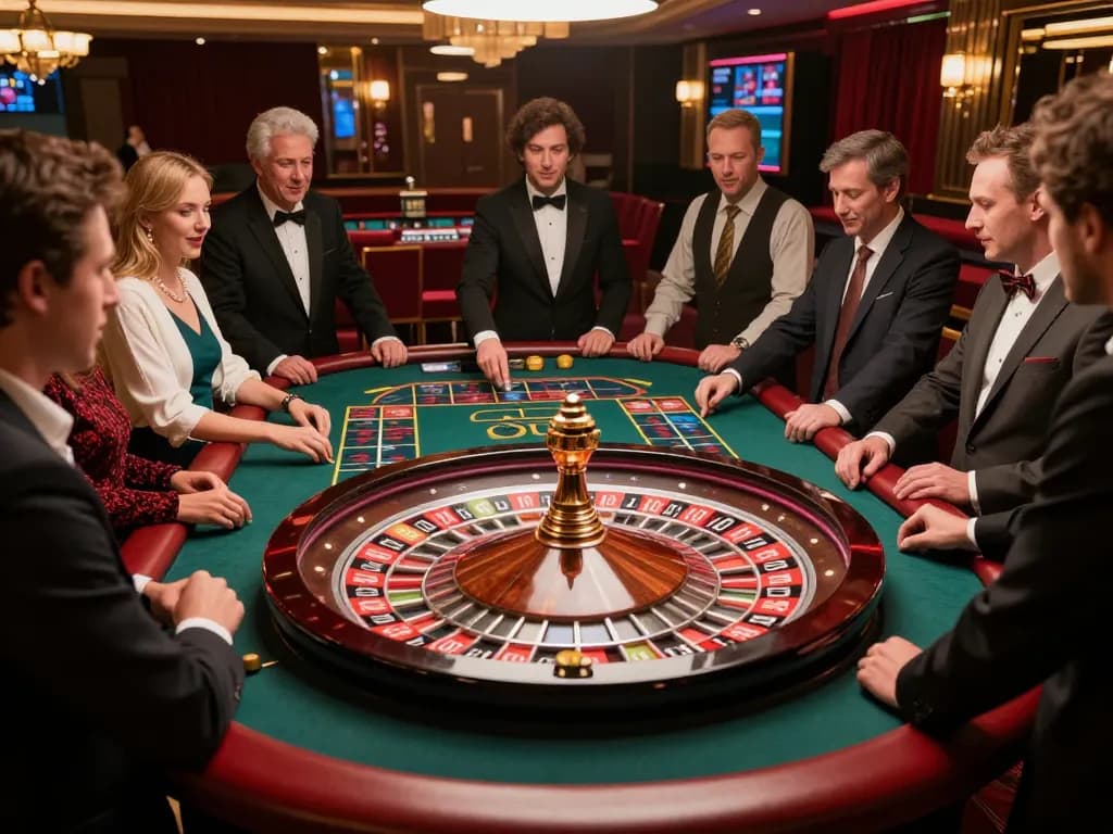 Gsc108 roulette excitement with players engaging in strategic gameplay at an upscale casino.