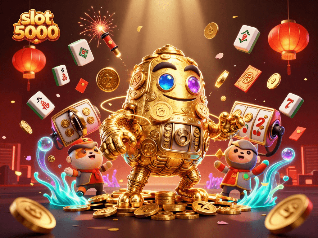 Spin and win at slot 5000 with golden golem and glowing mahjong tiles in this vibrant casino scene.